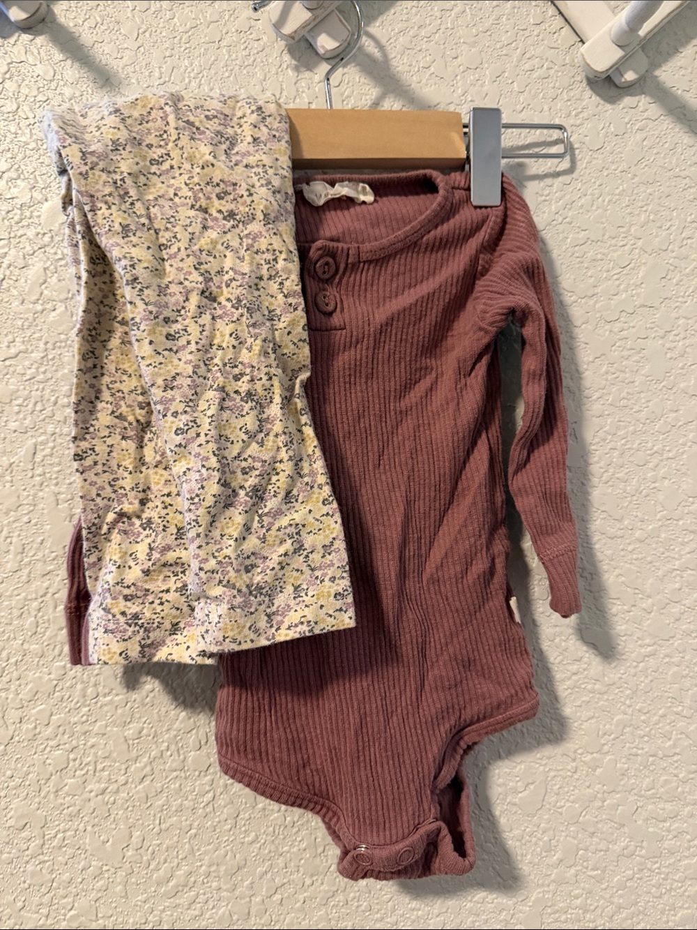 Jamie Kay dusty mauve ribbed bodysuit with floral leggings